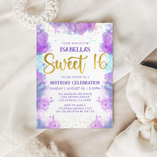 Sweet 16 Watercolor Lila Gold Einladung