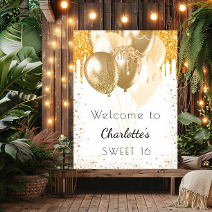Sweet 16 weiße Gold-Glitter-Balloons Willkommen Poster