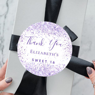 Sweet 16 weiße violette Glitzer Name Vielen Dank Runder Aufkleber