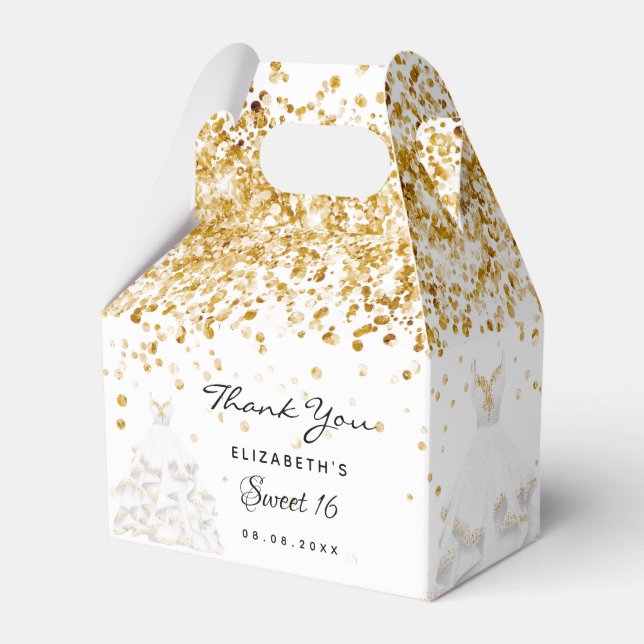 Sweet 16 weißes goldenes Kleid danke Geschenkschachtel (Vorderseite)