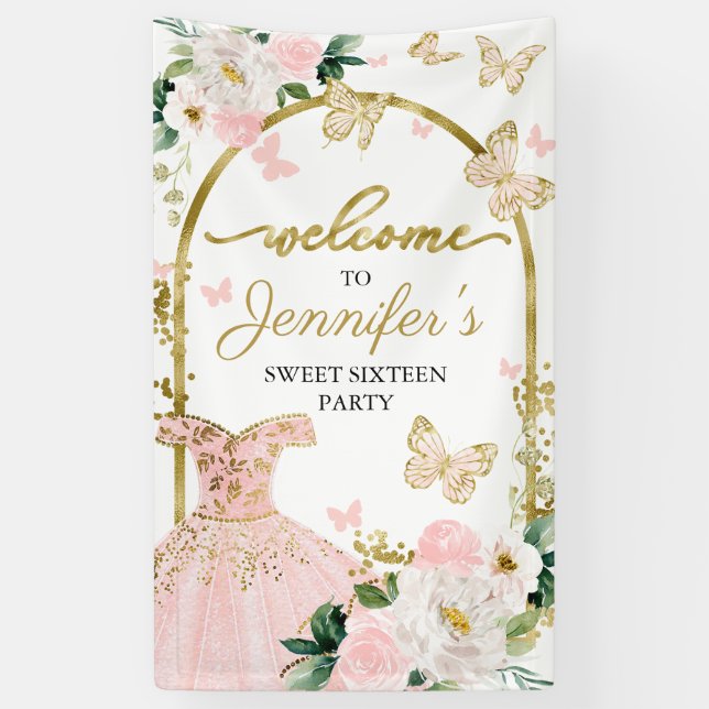 Sweet 16 Welcome Sign Butterfly Blumenkleid Banner (Vertikal)