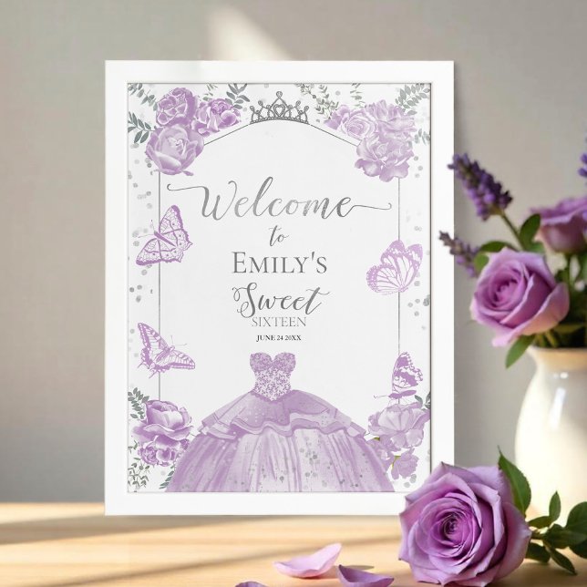 Sweet 16 Welcome Sign Butterfly Lavendel Dress Poster (Von Creator hochgeladen)