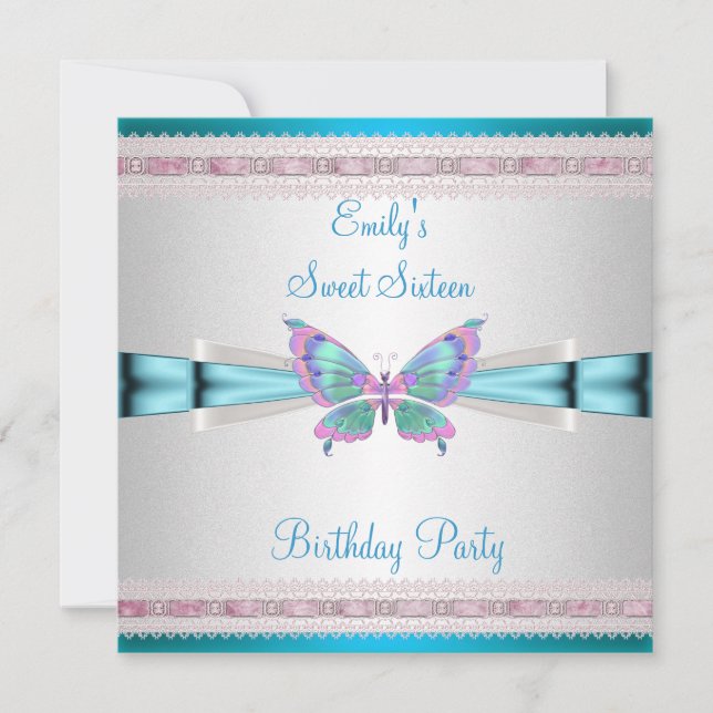 Sweet 16 White Aquamarin Blue Pink Butterfly Gebur Einladung (Vorderseite)