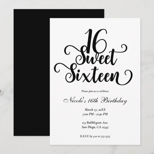 Sweet 16 White & Black Birthday Party Einladung (Vorne/Hinten)