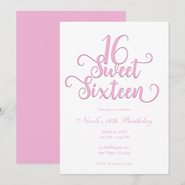 Sweet 16 White & Bubblegum Pink Art Geburtstag Einladung (Vorne/Hinten)