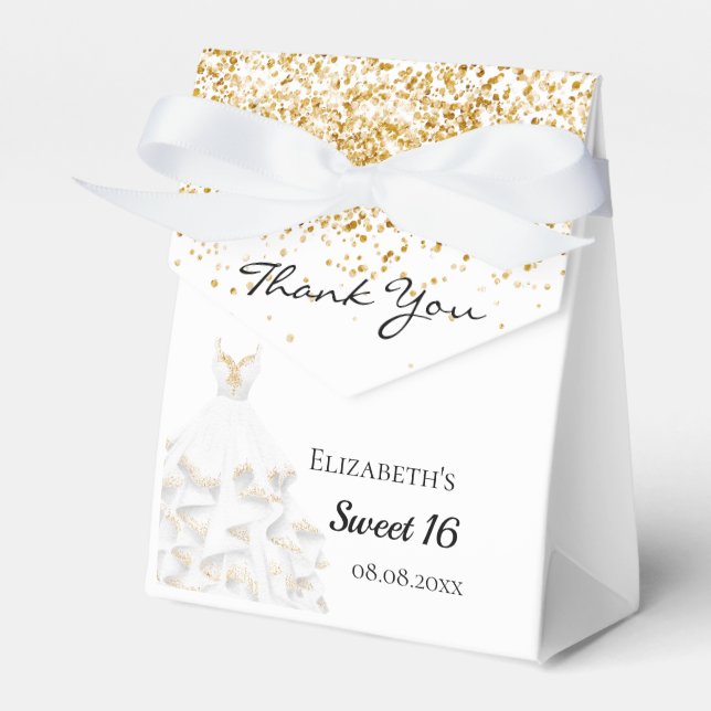 Sweet 16 White Gold Glitzer Kleid Vielen Dank Geschenkschachtel (Vorderseite)