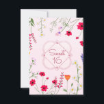 Sweet 16 Wildblumen Rosa Geburtstagsparty Einladung<br><div class="desc">Eine skurrile,  stylisierte Auswahl an illustrierten Wildblumen auf rosa,  süß 16 in einer Vierfolie,  für eine 16 . Geburtstag Geburtstagsparty. Mädchen und süß Design. Personalisieren Sie mit Ihren Party-Informationen auf der Rückseite des Einladens. Rote,  rosa,  grüne und violette Blumen.</div>