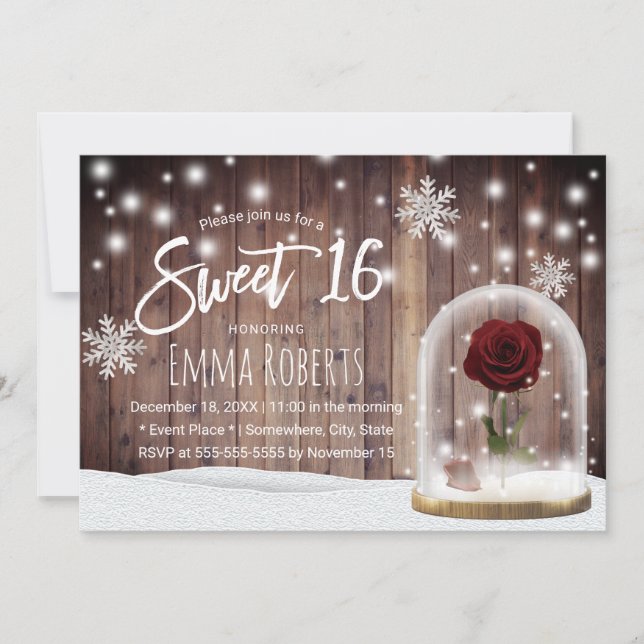 Sweet 16 Winter Beauty Rose Dome Rustikales Barnho Einladung (Vorderseite)