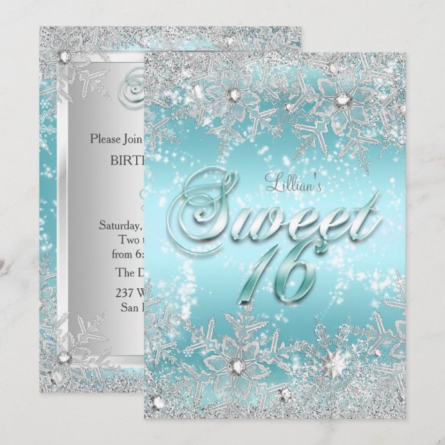 Sweet 16 Winter Wonderland Blaue Aquamarine Schnee Einladung (Vorne/Hinten)