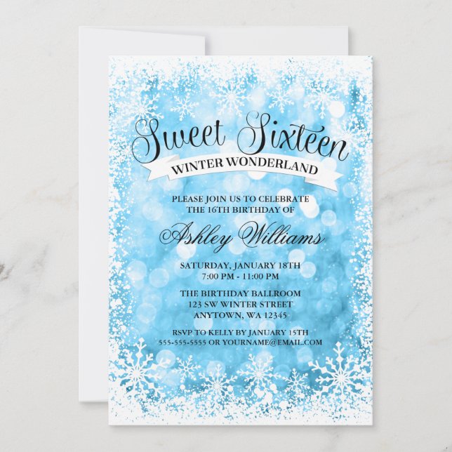 Sweet 16 Winter Wonderland Blue Glitzer Lights Einladung (Vorderseite)