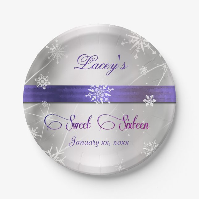 Sweet 16 Winter Wonderland Schneeflocken Silber Pappteller (Vorderseite)