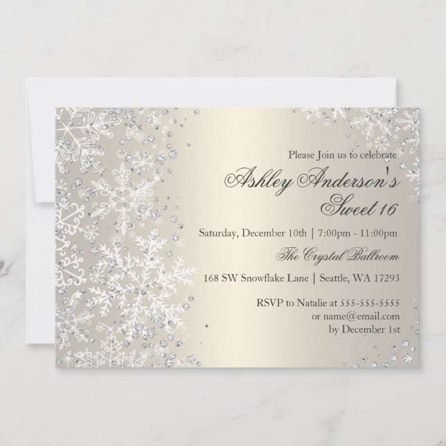 Sweet 16 Winter Wonderland Sparkle Schneeflocken Einladung (Vorderseite)
