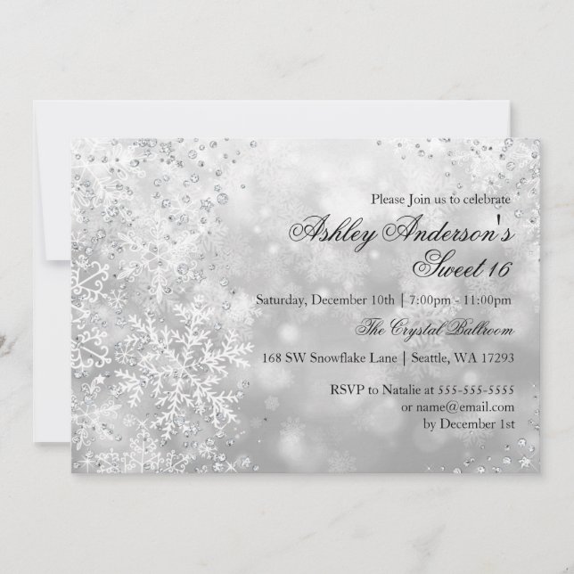 Sweet 16 Winter Wonderland Sparkle Schneeflocken Einladung (Vorderseite)