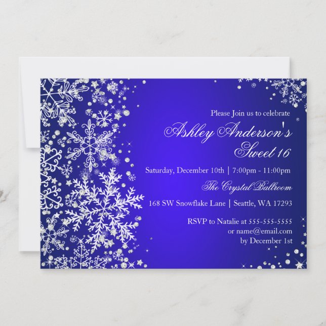 Sweet 16 Winter Wonderland Sparkle Schneeflocken Einladung (Vorderseite)