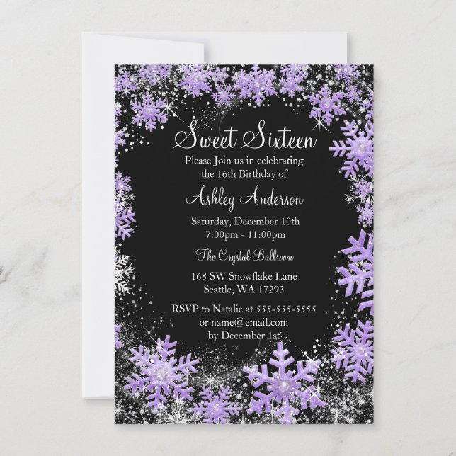 Sweet 16 Winter Wonderland Sparkle Schneeflocken Einladung (Vorderseite)
