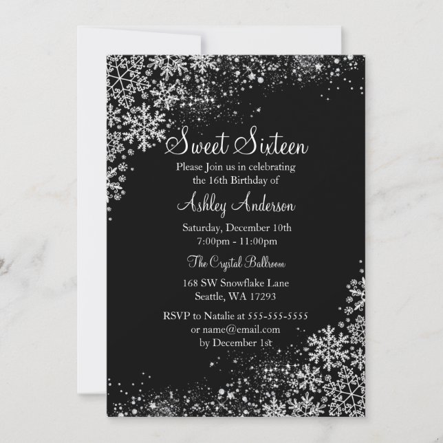 Sweet 16 Winter Wonderland Sparkle Schneeflocken Einladung (Vorderseite)