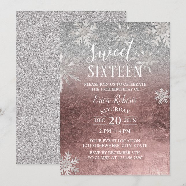 Sweet 16 Winterschneeflocken Rose Gold & Silber Einladung (Vorne/Hinten)