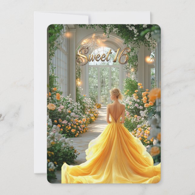 Sweet 16 Yellow Gown Schöne Blume Ort Einladung (Vorderseite)