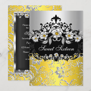Sweet 16 Yellow Silver Black Floral Jewel Party Einladung