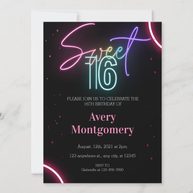 Sweet 16e Neon brillant Invitation d'anniversaire (Devant)