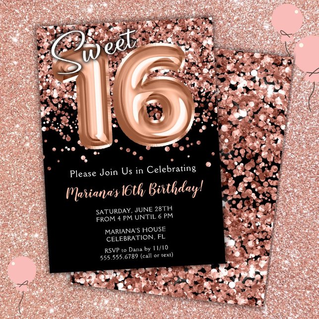 Sweet 16th Birthday Invitation Black Rose Gold (Créateur téléchargé)