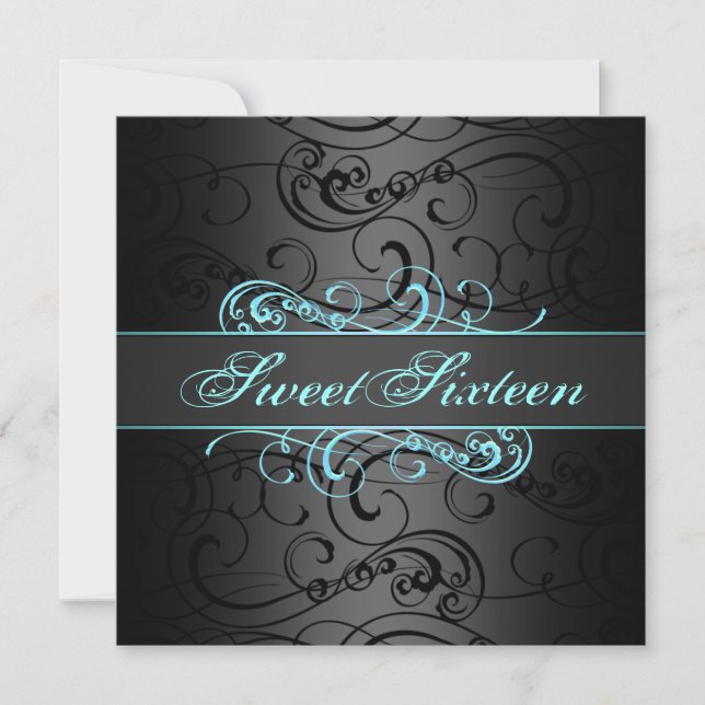 Sweet 16th Blue & Black Swirl Invitation Anniversa (Devant)