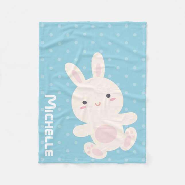 Sweet Adorable Niedlich Bunny Pastel Blue Polka Do Fleecedecke (Vorderseite)