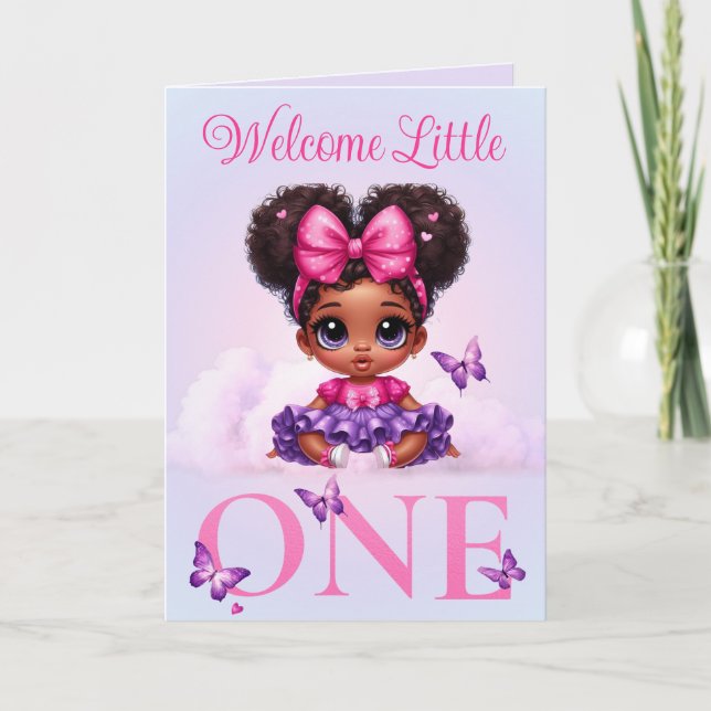 Sweet Afro Baby Girl Pastel Butterfly Willkommen Karte (Vorderseite)