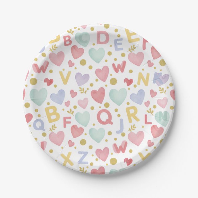 Sweet Alphabet & Hearts Watercolor Pappteller (Vorderseite)