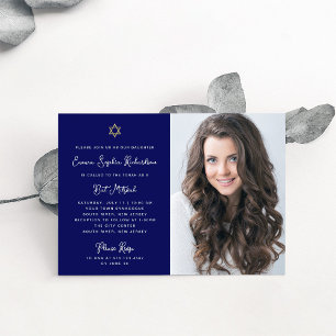 Sweet and Simple Blue White Gold Foto Bat Mitzvah Einladung