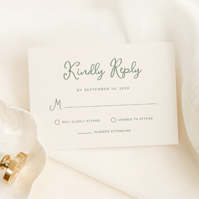 Sweet and Whimsical Ivory and Sage Green Wedding RSVP Karte (A simple and elegant ivory cream wedding rsvp card with sage green text)