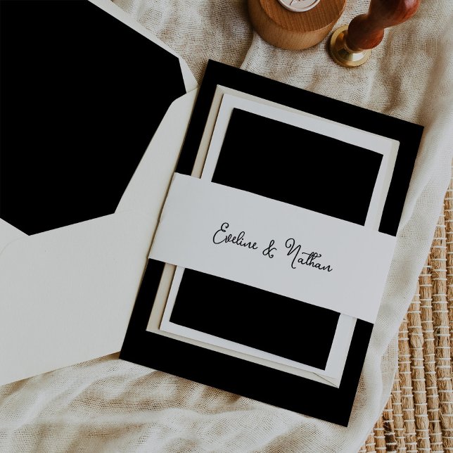 Sweet and Whimsical Simple Black and White Wedding Einladungsbanderole (A sweet and elegant, black and white belly band)