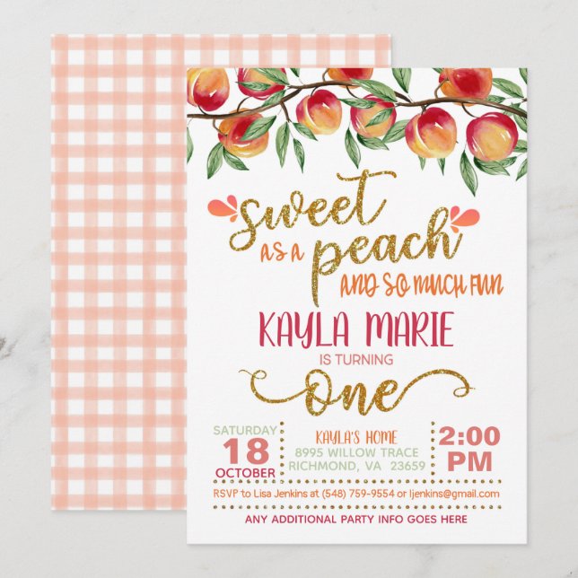 Sweet as a Peach 1st Birthday Einladung - W GG (Vorne/Hinten)
