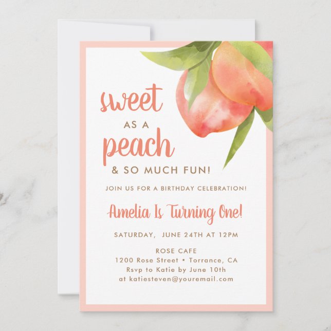 Sweet As A Peach 1st Birthday Party Invitations (Devant)