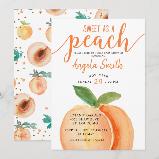 Sweet as a Peach Baby shower Invitation (Devant / Derrière)