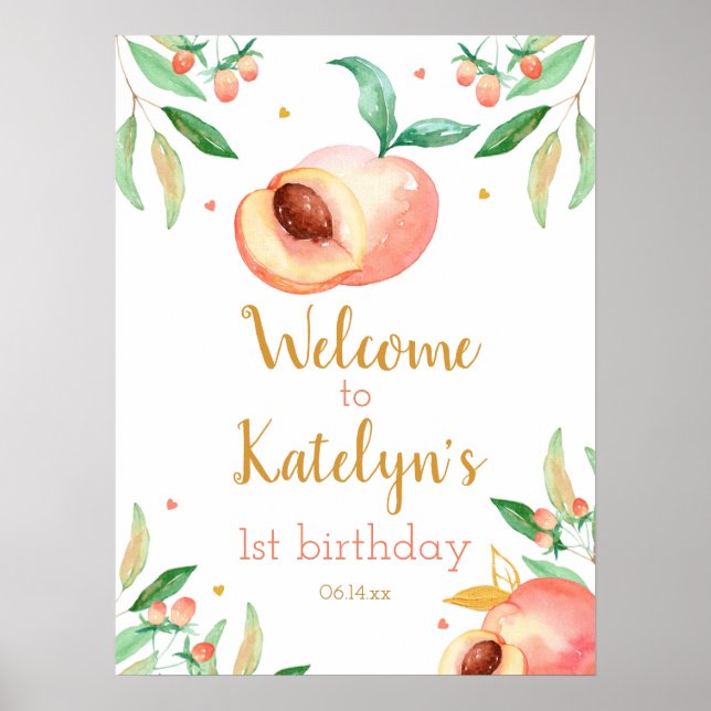 Sweet as a Peach Birthday Party Begrüßungszeichen Poster (Vorne)