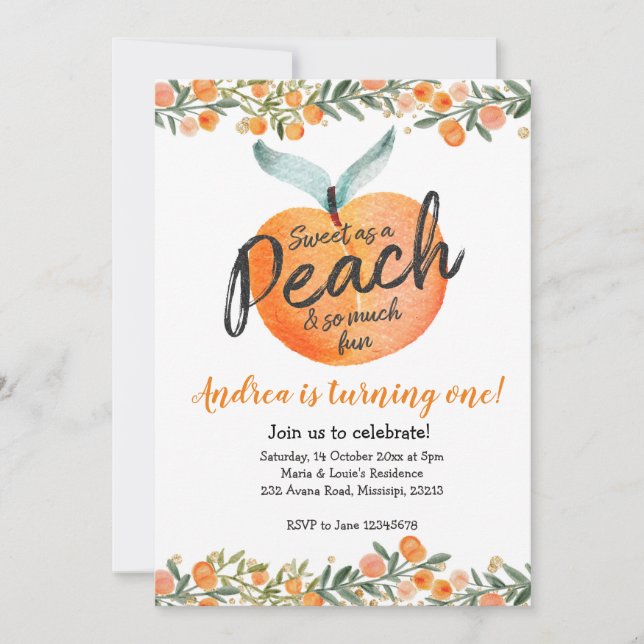 Sweet as a Peach First Birthday Invitation (Devant)