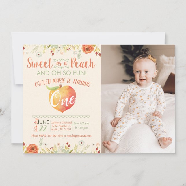 Sweet As A Peach First Birthday Photo Invitation (Devant)