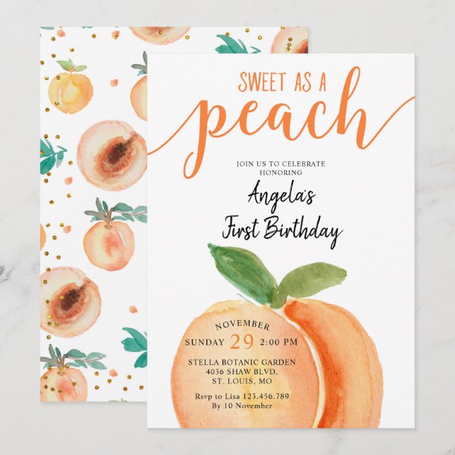 Sweet as a Peach Girl First Birthday Einladung (Vorne/Hinten)