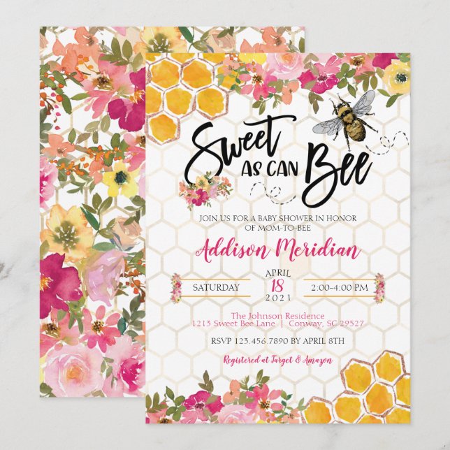 Sweet as can Bee Baby Girl Shower Einladung (Vorne/Hinten)