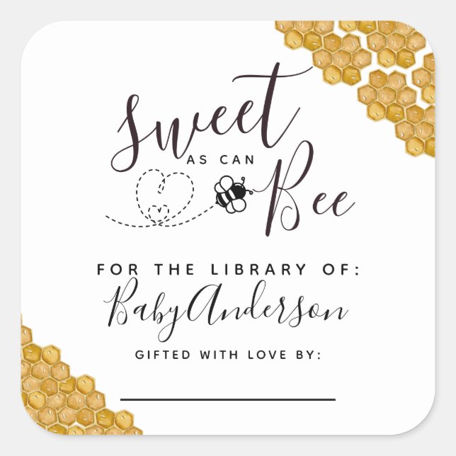 Sweet as can Bee Baby Shower Buchzeichen Quadratischer Aufkleber (Vorderseite)