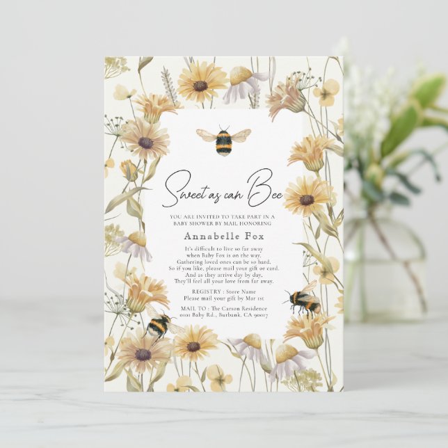 Sweet as can Bee Chamomile Baby Shower by Mail Einladung (Stehend Vorderseite)
