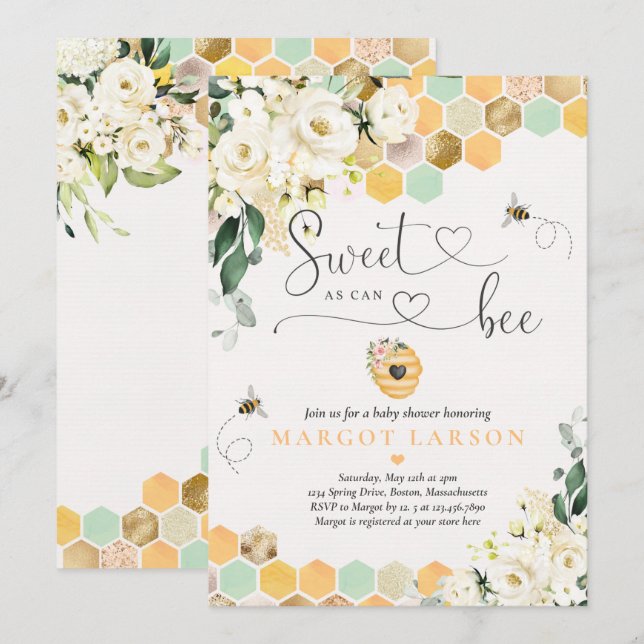 Sweet as can bee Greenery White Floral Baby Dusche Einladung (Vorne/Hinten)