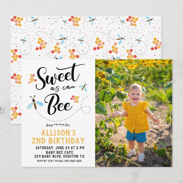 Sweet as can Bee Photo Anniversaire Invitation (Devant / Derrière)