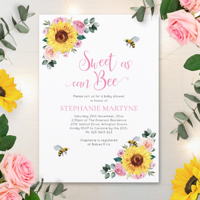 Sweet as Can Bee Sonnenblume Pink Baby Dusche Einladung (Von Creator hochgeladen)