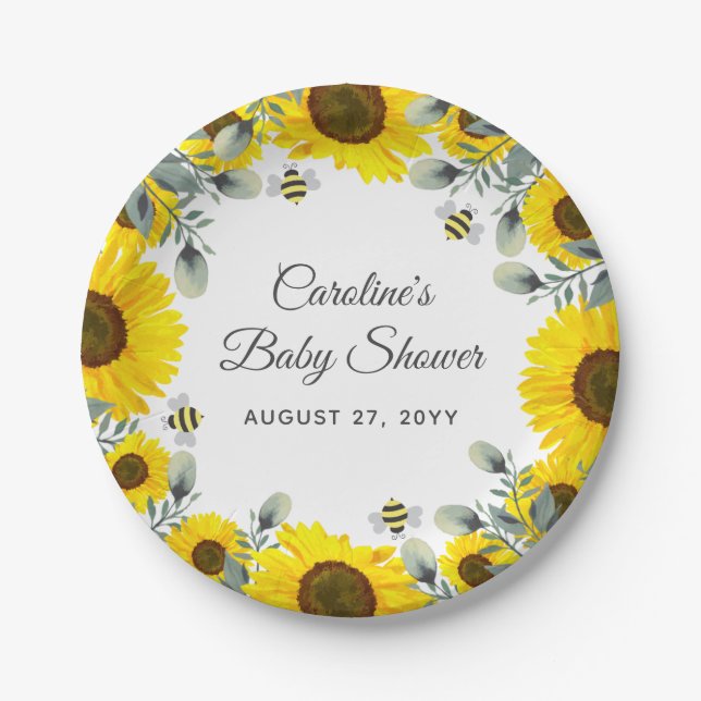 Sweet as can BEE Sunflowers Eucalyptus Baby Dusche Pappteller (Vorderseite)