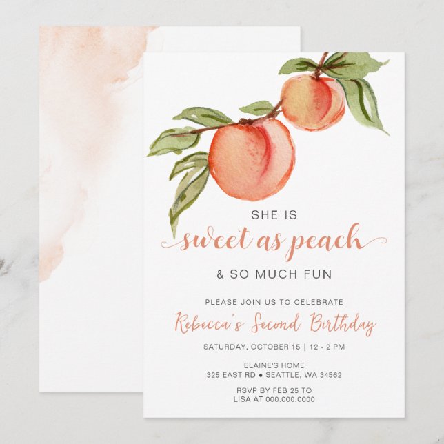 Sweet as Peach Girl Birthday Einladung (Vorne/Hinten)