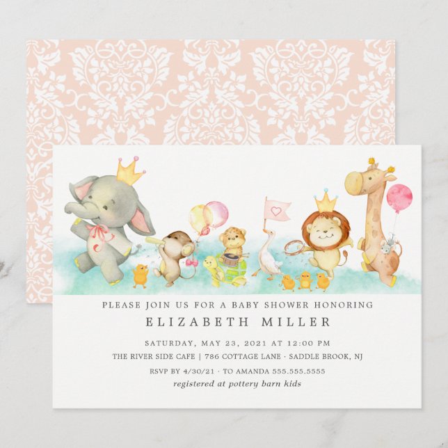 Sweet Baby Animals Parade Baby Dusche Einladung (Vorne/Hinten)