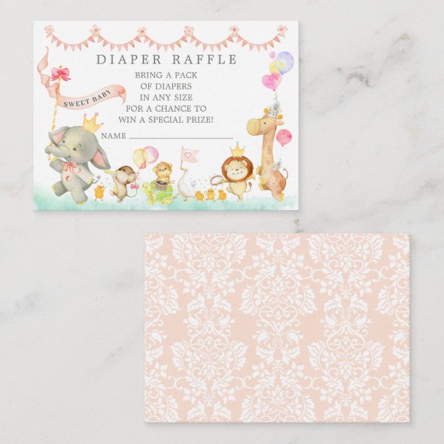 Sweet Baby Animals Parade Diaper Raffle Ticket Begleitkarte (Vorne/Hinten)