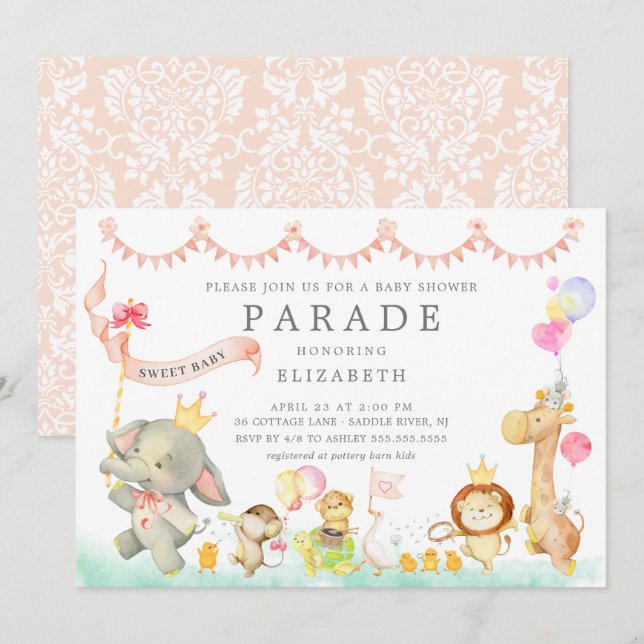 Sweet Baby Animals Parade Kinderdusche Einladung (Vorne/Hinten)
